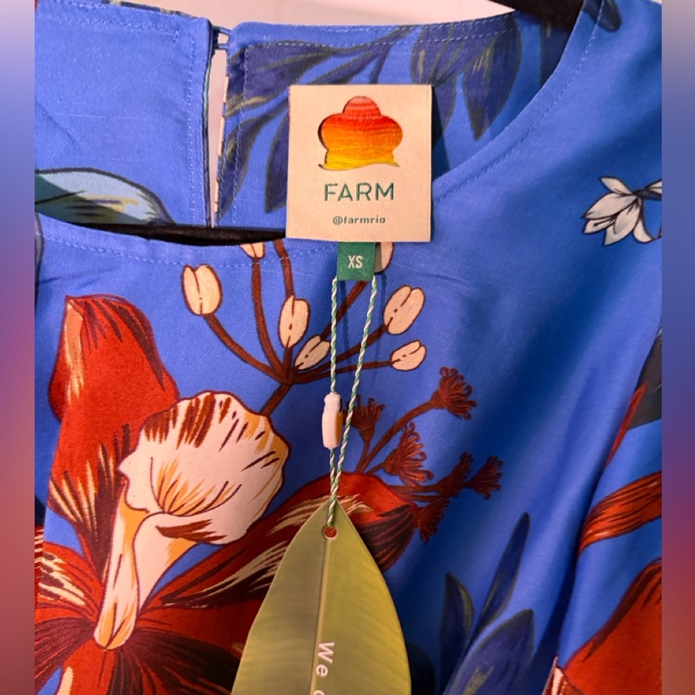 NWT FarmRio Floral Silk Blue Mini Dress XS - Picture 10 of 12